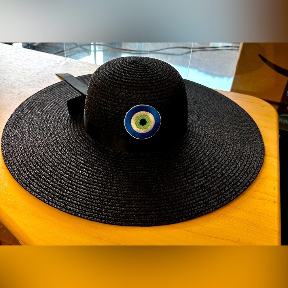 Black Wide-Brim Hat with Evil Eye Accent